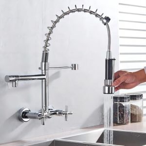 Robinet de Cuisine Laiton Noir Mitigeur Cuisine Deux Jets Robinet Avec Douchette Flexible et Pivotante Robinetterie R&eacute;tractable &eacute;vier Bec Haut Pour