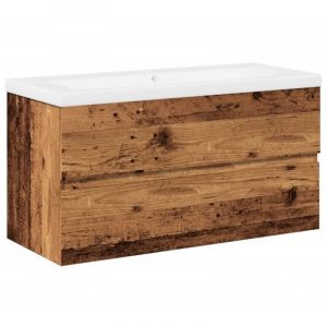 Meuble de salle de bain avec vasque int&eacute;gr&eacute;e 90 x 38,5 x 45 cm gain de place design moderne en bois d'ing&eacute;nierie vieux bois