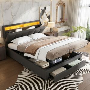 Nmonet &ndash; Lit coffre 140x190 cm 2 places &ndash; T&ecirc;te de lit capitonn&eacute;e en lin avec &eacute;clairage LED &ndash; Rangement sous le lit avec tiroir &ndash; Cadre en acier gris