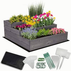 MODO24 Carr&eacute; potager sur&eacute;lev&eacute; en bois, 3 niveaux en cascade, 36x90x93 cm, jardin/terrasse, kit jardinier inclus, gris impr&eacute;gn&eacute;
