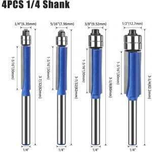 4pcs 6.35mm Tige Amélioré Fraise a Copier Affleurement Trim Routeur Bit Defonceuse Double Flûte Avec Roulement Supérieure 6.35, 7.96, 9.52, 12.7mm