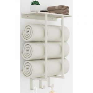 Porte Serviette Salle de Bain, Porte Serviette Murale Blanc 50 cm Support Serviette Salle de Bain avec &Eacute;tag&egrave;re et 3 Crochet Acier Inoxydable