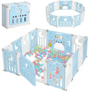 Yoleo &ndash; Parc b&eacute;b&eacute; modulable 12+2 panneaux &ndash; Barri&egrave;re de s&eacute;curit&eacute; pliable 150x150x62cm &ndash; Grille de protection en plastique &eacute;cologique &ndash; Bleu