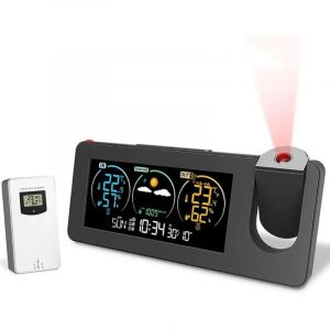 R&eacute;veil de projection, station m&eacute;t&eacute;o avec capteur ext&eacute;rieur, projecteur de chambre &agrave; coucher, horloge &agrave; intensit&eacute; variable, double alarme, affichage