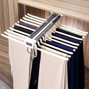 Cintres Porte-Pantalon Porte-Pantalon Coulissant Acier Inoxydable Multifonction Porte Pantalons Extractible Antidérapant Porte Jeans 22 Tiges, Beige,