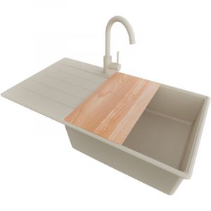 PRIMAGRAN Evier Cuisine en Granit 90x50cm, Lavabo 1 bac + Robinet 32x20cm + Kit de Vidage + Accessoire, Évier à Encastrer au meuble 60cm