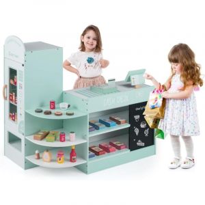 COSTWAY &Eacute;picerie Enfants en Bois avec 15 Accessoires & Distributeur Automatique, Marchande Enfants avec Caisse Enregistreuse R&eacute;aliste & Tableau Noir,