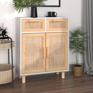 Buffet - Armoire de rangement Enfilade Blanc 60x30x75 cm Bois de pin massif et rotin naturel BV218381