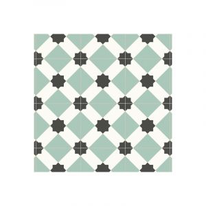 Décoweb - Sol Vinyle First - Effet carreaux de ciment géométrique - Vert d'eau - Rouleau de 3m x 2m