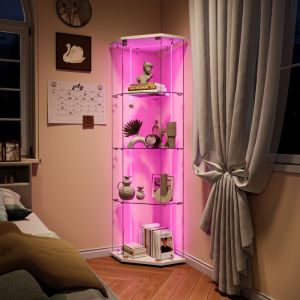 Vitrine d'angle en verre - Vitrine pour collection &agrave; 4 &eacute;tag&egrave;res avec &eacute;clairage LED, design pentagonal, hauteur 162 cm - Bandes lumineuses &agrave; LED, blanc