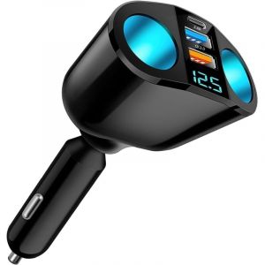 Chargeur Allume Cigare Double Prises USB QC3.0 & PD 12V/24V, Double Allume Cigare 120W, Multiprise Allume Cigare Rapide avec Voltmètre LED,