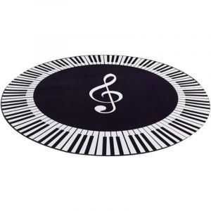 (100 x 100 cm) Tapis d'int&eacute;rieur moderne super doux, symbole de musique blanc, touches de piano, tapis rond noir, tapis antid&eacute;rapant, tapis d&eacute;coratif