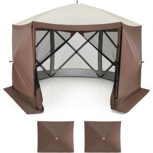 Costway - Tonnelle 350 x 350 cm à Ouverture Instantanée, 6 Côtés avec Parois en Maille 2 Pare-Vent Amovibles Sac de Transport, Tente Gazebo, Café