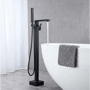Robinet De Baignoire Avec Douchette Cascade Baignoire Robinet Mitigeur Au Sol Autoportant Melangeur Baignoire &Icirc;lot Sur Pied Avec Poign&eacute;e Noir