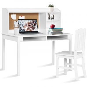 GOPLUS Bureau Enfant Fille Garcon, Table Chaise Enfant avec &Eacute;tag&egrave;res de Rangement, Tiroirs, Tableau en Li&egrave;ge, Table d'&Eacute;tude et Chaise en Bois pour