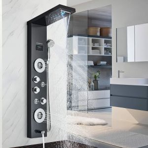 Colonne de douche Hydromassantes Noir Led LCD Affichage Température d'Eau Acier Inox Colonne Douche en Douche à Pluie ContrôLe De La TempéRature