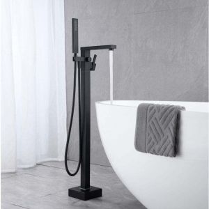 Robinet De Baignoire Avec Douchette Cascade Baignoire Robinet Mitigeur Au Sol Autoportant Melangeur Baignoire &Icirc;lot Sur Pied Avec Poign&eacute;e Noir