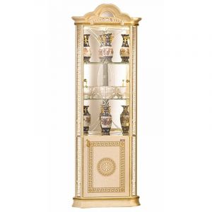 Vitrine d'angle bois vernis laqu&eacute; brillant beige et dor&eacute; Venus 64cm