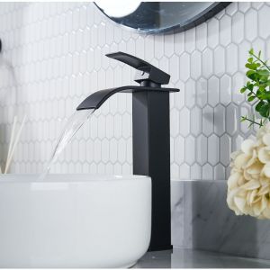 Forious - Mitigeur de Lavabo Noir Haut Robinet Salle de Bain Cascade Mitigeur pour Vasque Haut de Gamme Design Moderne