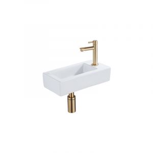 QeramiQ Lave-mains Kit lave-mains - 37.5x18.5x9cm - c&eacute;ramique - trou de robinet &agrave; droite - robinet lave-mains en laiton bross&eacute; - bonde de vidage -