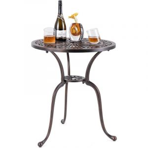 Table de Jardin Ronde 61 cm en Fonte d'Aluminium, Table d'Appoint d'Ext&eacute;rieur avec Trou pour Parasol Repose-Pieds R&eacute;glables, pour Patio Piscine