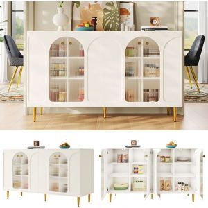 Okwish - Buffet blanc, armoire de salon avec éclairage led, multiple rsngement et portes coulissantes en verre, pour salon et cuisine, 140x40x85 cm