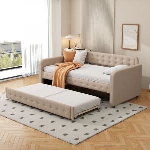 Lit simple rembourré 90x200 cm lit gigogne, canapé convertible avec accoudoirs, tissu en lin, beige foncé, sans matelas