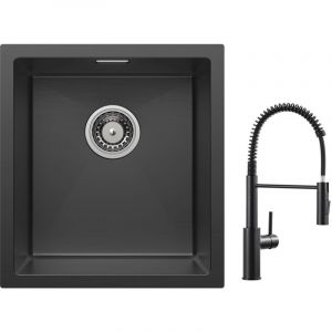 Cecipa - vier 1 Bac 40x44cm Noir &Eacute;vier de Cuisine &Eacute;vier Inox + Mitigeur de Cuisine &agrave; Ressort avec Douchette Extractible, Robinet Evier 2 Modes de