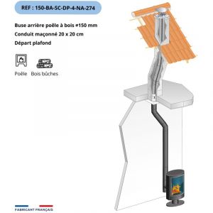 Kit tubage et raccordement poele a bois, buse diam. 150mm sortie arriere-Flexible l. 4m pour boisseau carre, depart plafond-Raccordement devoye, l.