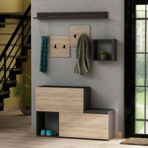 Dmora - Meuble d'entrée Caph, Crochet d'entrée, Composition pour l'atrium, Console de rangement multifonction, 120x17h76 cm, Anthracite et chêne,