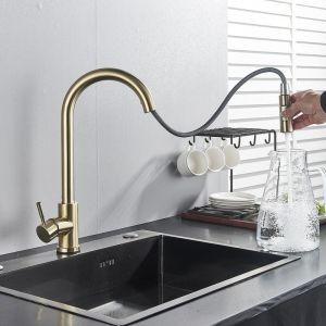 Suguword &ndash; Mitigeur de cuisine dor&eacute; bross&eacute; &ndash; Robinet pivotant 360&deg; avec douchette extractible &ndash; Acier inoxydable et laiton massif &ndash; 2 modes de