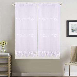 Paire de petits voilages de cuisine dentelle motif caf&eacute; latte Blanc 60x120 cm