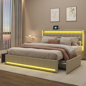 Lit 2 Personnes 140 x 190 avec sommier et tiroirs, lit 140x190 avec tête de lit et led, ports usb, cadre de lit avec sommier à lattes, lin, lit