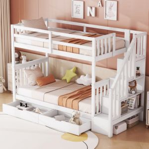 Lit superposé 90x200cm, lit enfant avec 2 tiroirs, étagère escalier et garde-corps hauts, en bois de pin, blanc