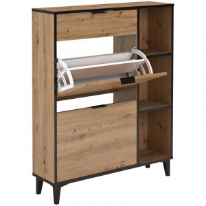 Pegane - Meuble &agrave; chaussures, commode &agrave; chaussures avec 2 &eacute;tag&egrave;res coloris ch&ecirc;ne - Hauteur 110,8 x Longueur 90 x profondeur 24,50 cm