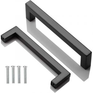 2pcs Poignee de Meuble Cuisine Noir, Acier Inox Poign&eacute;es Meubles Carr&eacute;e Entraxe 128 mm, pour Commode Salle de Bain, Tiroirs, Armoires, Placard, avec