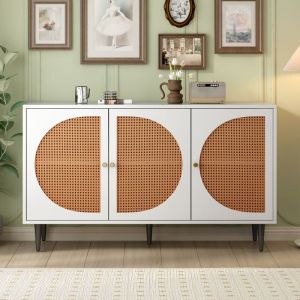 Hauss Spole - Commode Buffet en Métal en Rotin, avec poignées - 129.8 x 40 x 76 cm, 3 portes décorées, Blanc
