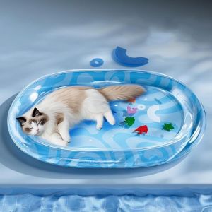 Tapis d'eau pour chat sur le th&egrave;me de l'oc&eacute;an (queue de poil) - Tapis de jeu &eacute;pais et antid&eacute;rapant pour chat, motif poisson flottant, adapt&eacute; aux