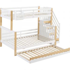 Lit Superpos&eacute; 3 Couchages 90x200 et 120x200 Cm Avec Lit Gigogne, Escalier Rangement &ndash; Blanc et Bois