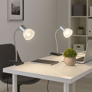 Lampe &agrave; pince blanche Lampe &agrave; pince led avec fiche, lampe de table lampe de lecture, spot mobile, m&eacute;tal couleur titane verre blanc, 1x led 3W 250Lm