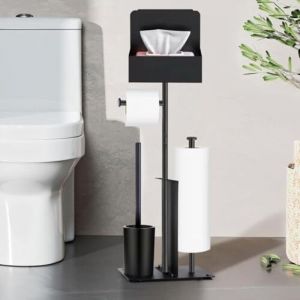 Porte-papier toilette sur pied avec brosse int&eacute;gr&eacute;e - Ensemble en acier inoxydable noir comprenant un porte-papier toilette et une brosse,