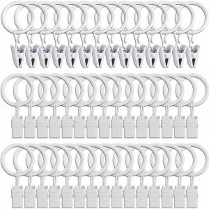 45PCS Anneaux à rideaux avec pinces - blanc, pinces à rideaux solides, crochets de fixation pour tringle de tension, crochets décoratifs pour rideaux
