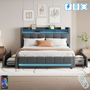 Dans Les Nuages - Lit 140x200 cm, 2 places, avec 4 tiroir, led, port usb, prises, t&ecirc;tes de lit boutons, sommier &agrave; lattes en bois, cadre en m&eacute;tal, lit