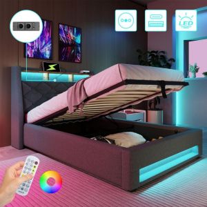 Lit coffre 90x200 cm en lin avec sommier, lit 1 personne avec lumières LED, multiprise (2 prises ca, ports USB+ type c), lit avec rangement, facile à