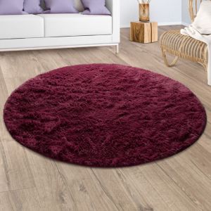 Paco Home - Tapis Shaggy Tapis De Salon Fausse Fourrure Poil Long Moelleux Rouge Bordeaux 80 cm rond