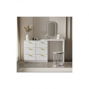 Coiffeuse avec table d'appoint,Bureau avec 6 tiroirs,poignées dorées,plateau pivotant(180°),laqué,motif floral,coins arrondis antichocs,40T73H,Blanc