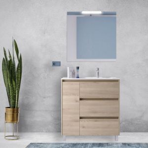 Meuble de salle de bain sur pied 85 cm en bois naturel avec vasque - Nova - Avec miroir et lampe LED