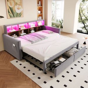 MODFU - Canap&eacute;-lit convertible 90/180x190 cm, lit enfant 2 places avec 2 tiroirs, t&ecirc;te de lit avec rangements, LED et prise de charge, velours gris