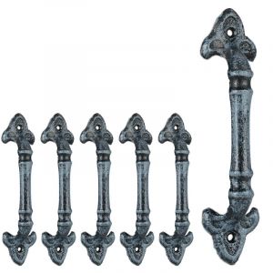 Poign&eacute;e de meuble vintage, lot de 6, pour portes, armoires & tiroirs, fonte de fer, 20 cm de long, avec ornements, gris