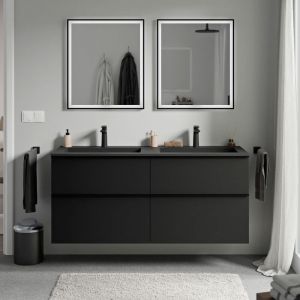 Bernstein - Meuble vasque suspendu salle de bain mdf Noir mat, lavabo fonte min&eacute;rale Noir mat + trou robinet, poign&eacute;e m&eacute;tal Anthracite mat